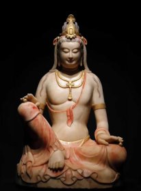 （议价） 唐代汉白玉贴金彩绘观音工艺精美，法相庄严高80cm宽52cm厚40cm