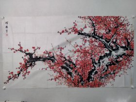 保真书画，董寿平弟子、北京老一辈画家，陈松鹤六尺整纸国画佳作《红梅》96×178cm软片