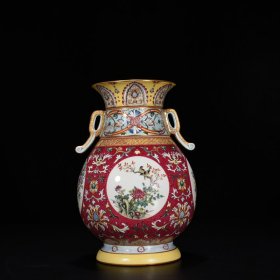 旧藏 清乾隆珐琅彩胭脂红轧道纹开窗四季花鸟纹转颈瓶 26.5*18厘米