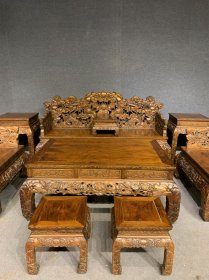 清代海南黄花梨满雕荷花沙发六件套古董传世明清木器海黄老家具