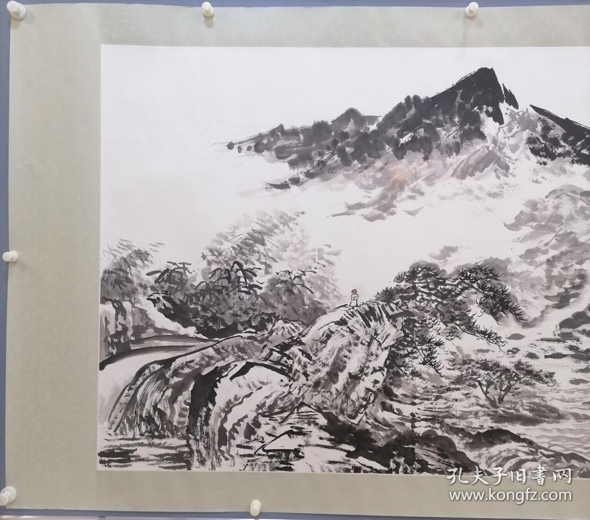 张大石头六尺山水 “云起满天诗” 纯手绘 手工裱镜片…G