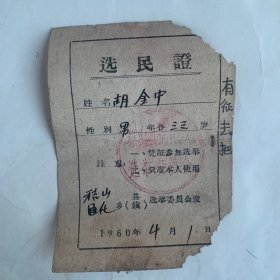 选民证：稷山 河津 万荣三县合一时期的资料 稷山县通化乡选民证，盖稷山县通化乡选举委员会印