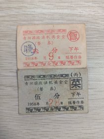 青阳县政法机关食堂餐券 2张 1958年