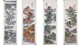 八大美院山水画，春夏秋冬四条屏，西安美院学院派的画风，写意画法，纯手绘，假一赔万，支持第三方鉴定，陕西省美协郭志刚老师的原创大作，实际画的比照片拍出来要漂亮的多，笔法苍劲有力，浓淡干湿焦，行云流水，皴法点染，满工满画的，彩墨山水，墨色的晕染。看整个构图，非常漂亮。尺寸为1.8米×50公分，6尺对开的四条屏，不是小尺幅的哦，家里客厅，沙发背景墙，玄关，茶室，书房都可悬挂，闭眼入，真的特别好看。