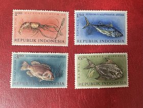 印尼邮票，1963年，海洋鱼类，鱼虾，4全新票，该套票常见阴阳胶，正常情况
