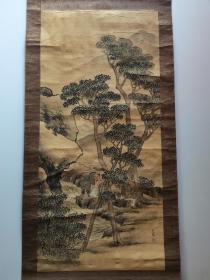 松村吴春 ，日本南部绘画大师之一。 山水人物绢本老画 立轴，高级裱工。年代久远，画面黄斑，褶皱，请细看图片。

松村吴春（Matsumura Goshun，1752－1811年）本姓松村，名丰昌，通称文藏，字伯望，号允白、月溪、蕉雨亭、百昌堂。日本江户时代画家，四条派创始人。日本南部绘画大师之一。
松村吴春结合中国文人画的风格，提高了日本绘画的艺术性与表现力。
画心尺寸：107×50