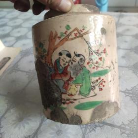 手绘人物提梁壶筒子壶，爆釉有磕