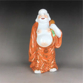 红釉描金布袋罗汉像