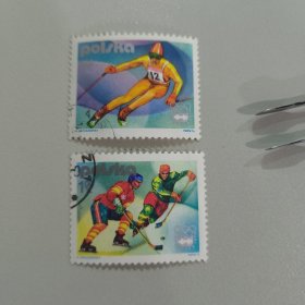 Y302波兰邮票1976年第12届冬奥会邮票 滑雪冰球 销 2枚
