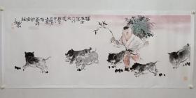 保真书画，浙派名家，湖州美协副主席，李之河《福猪回家，六六大顺》大幅国画佳作一幅，纸本托片，尺寸69.5×180cm，1990元顺丰包邮。李之河，现任浙江省湖州市群众艺术馆美术展艺部主任，教授。中国美术家协会会员，中国版画家协会会员，湖州美术家协会副主席，湖州市美协版画艺委会主任。20世纪80-90年代中国优秀版画家获得者，国家“鲁迅版画奖”获得者。2007年被浙江省文联推选为“浙江版画名家”