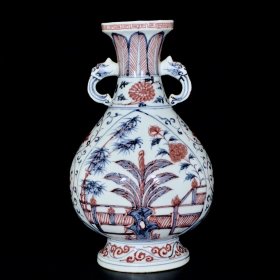 明洪武青花釉里红芭蕉象耳瓶 35/20厘米