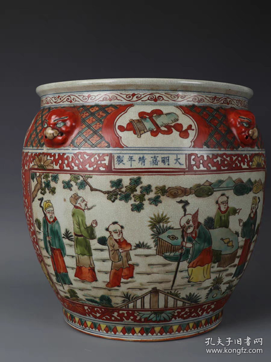 明五彩寿星狮耳卷缸