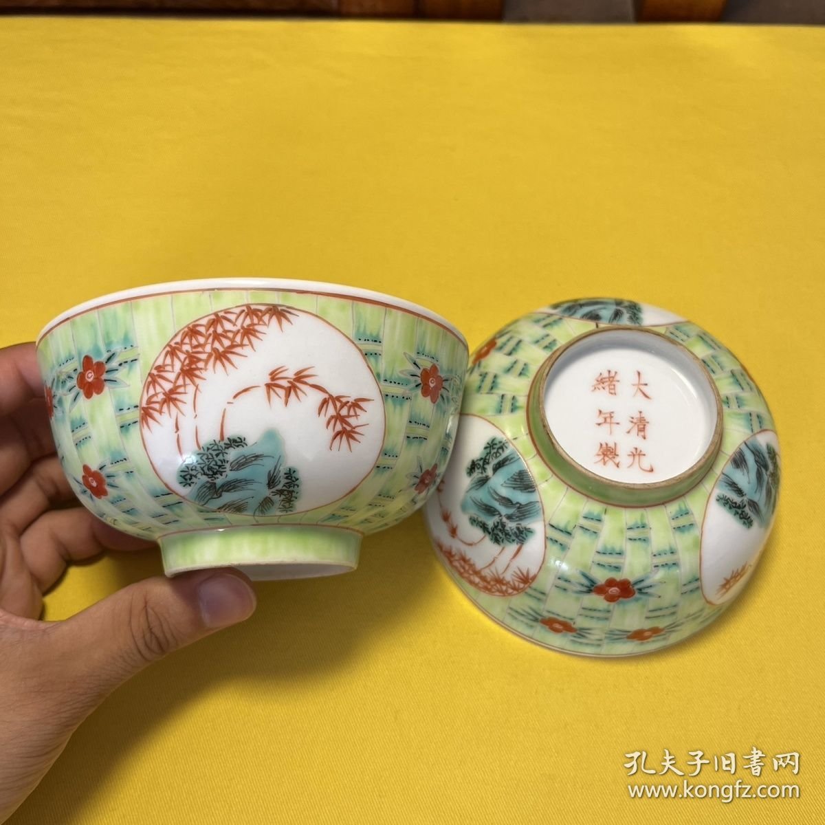 手绘开窗竹子节节高升碗