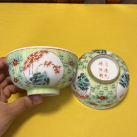 手绘开窗竹子节节高升碗