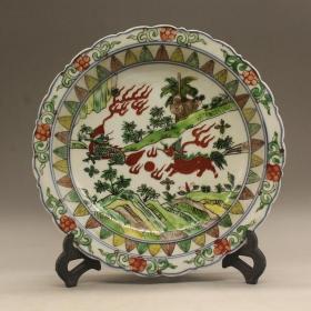 明万历五彩麒麟葵口瓷盘  瓷器