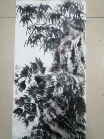 手绘国画竹蕉石图