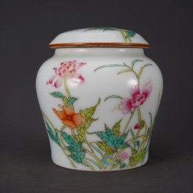 粉彩荷花绘盖罐 规格 9*9cm