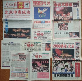 2001年《人民日报》《北京日报》《北京青年报》7月13日申奥成功号外，《体育快报》7月10日、13日、14日申奥号外，7月14日《北京日报申奥成功特刊》共8份