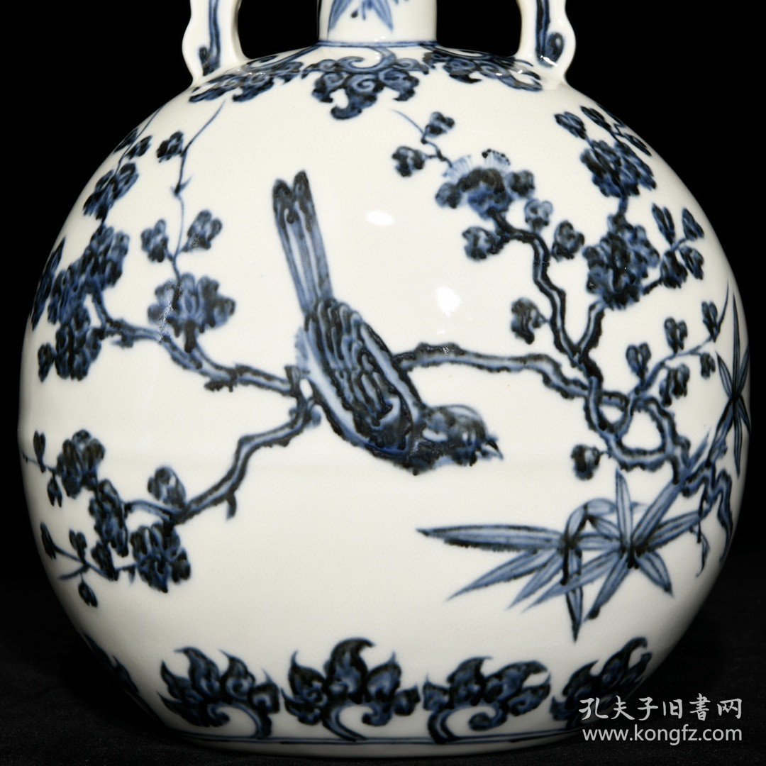 瓷器 明青花花鸟纹扁瓶，高26厘米直径20.5厘米