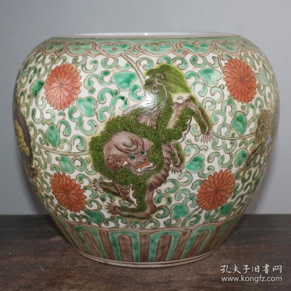 清粉彩狮子缠枝花卉字画缸