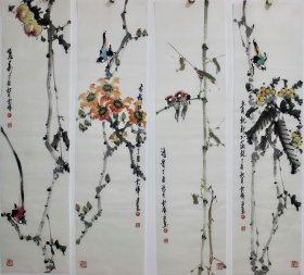 岭南派.江苏美协会员云峰老师花鸟四条屏