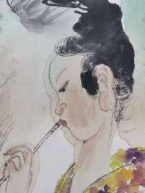 小红低唱我吹箫，四尺巨幅，画廊精品散出。任惠中款。细路工笔设色五彩仕女人物。