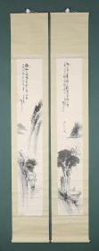 晚清日本文人画大家  吉嗣拜山 山水对屏 纸本立轴 原装原裱 带原木盒
130*21cm*2
品相：缺轴头。