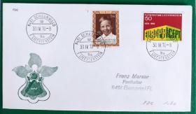 列支敦士登邮票 首日实寄封1970年 红十字会25周年 文策尔王子