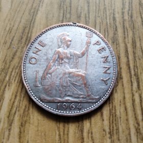 英国1964年镀银海神1便士大铜币31mm