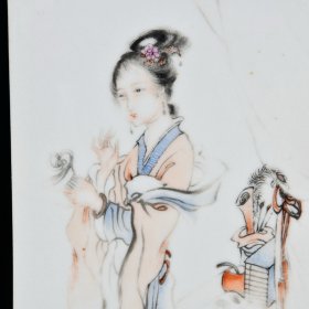 民国骆虎牛羊绘粉彩仕女图瓷板画 高39.6宽18.2厘米2