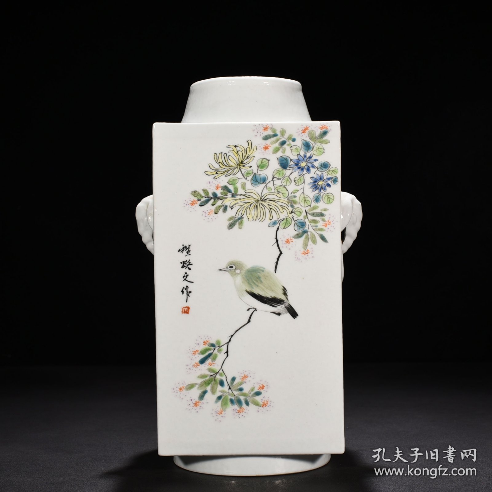 旧藏 清光绪浅绛彩花鸟纹琮式瓶 30*16厘米