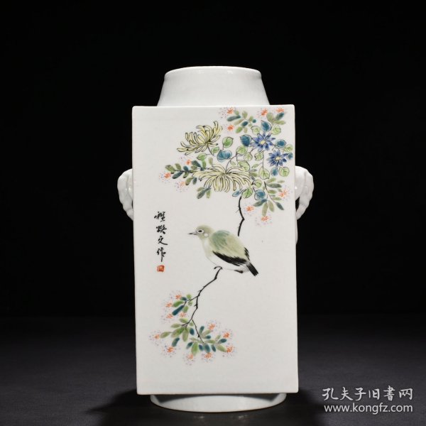 旧藏 清光绪浅绛彩花鸟纹琮式瓶 30*16厘米