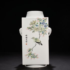 旧藏 清光绪浅绛彩花鸟纹琮式瓶 30*16厘米