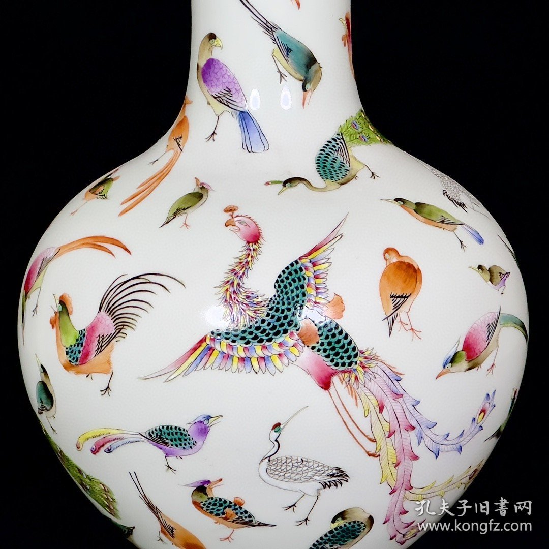 清雍正珐琅彩百鸟纹天球瓶2 33/23厘米