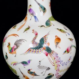 清雍正珐琅彩百鸟纹天球瓶2 33/23厘米