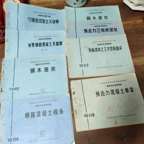 建筑配件通用图集
室内配件1975。
阳台栏杆。1975。
卷材平面屋。1981。
室内配件 1981。
预制混凝土花格1975。
地下防水工程，1975。
围墙大门，1975。
室外装修，1981。
采光屋面板，1975，墨水渍，品差。
钢木屋架，1981。
预应力三铰拱屋架，1975。
W形钢筋混凝土天窗架（试行），1975。
钢筋混凝土挑檐板等，共18本合售