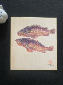 【Q7428】日本舶来 国画 双鱼 色纸画