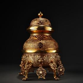 珍品旧藏收清代罕见高浮雕錾刻工艺鎏金熏香炉