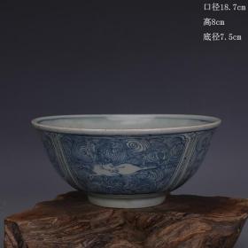 清晚期手工瓷青花海马纹瓷碗