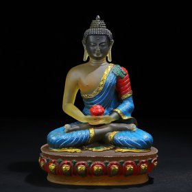 古法琉璃释迦牟尼佛像一尊 长15厘米宽11厘米高21.5厘米，重2542克