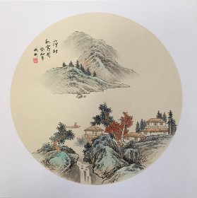 【渔村秋霁图】 河北陶瓷艺术大师石老师精品卡纸仿古山水