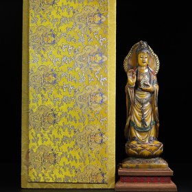 旧藏寿山石手工雕刻彩绘南海观音菩萨摆件，观音净长11厘米宽8厘米高31.5厘米，净重2560克，