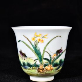 大清雍正年制洋彩珐琅彩粉彩水仙草虫纹酒杯茶杯 高6.5径7.3厘米1