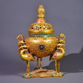 珍藏旧藏铜鎏金掐丝景泰蓝三鹤熏炉 重量：1832克，高度：26cm，宽度：17cm。