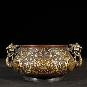 珍品紫铜鎏真金【宝相花凤耳宣德炉】净重1890克