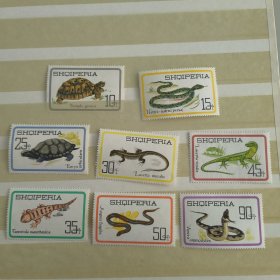 S305阿尔巴尼亚1966 爬行动物 蛇 蜥蜴 乌龟 外国邮票 新 8全 背贴，背胶有铅笔字迹，部分压痕，如图
