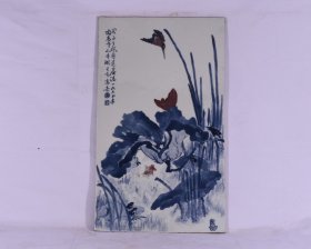 王步绘青花釉里红莲塘纹瓷板画 高55宽32厘米1