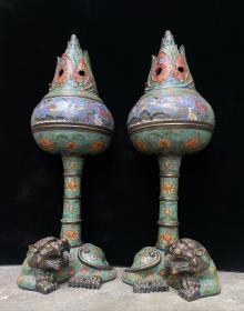 景泰蓝掐丝珐琅大博山香炉 单个尺寸高97厘米，宽34厘米，一对重85斤