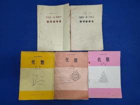 80年代 5册合售～高级中学课本 试用～代数 甲种本第一二三册+试用甲种本教学参考书 第一三册 除了第二册课本228和229页有几个红笔勾画外 其余均干净无写画 第三册参考书封面略有水痕 第一册参考书说明页和封二有粘连和黄斑 整体品相不错 酌定8.5品