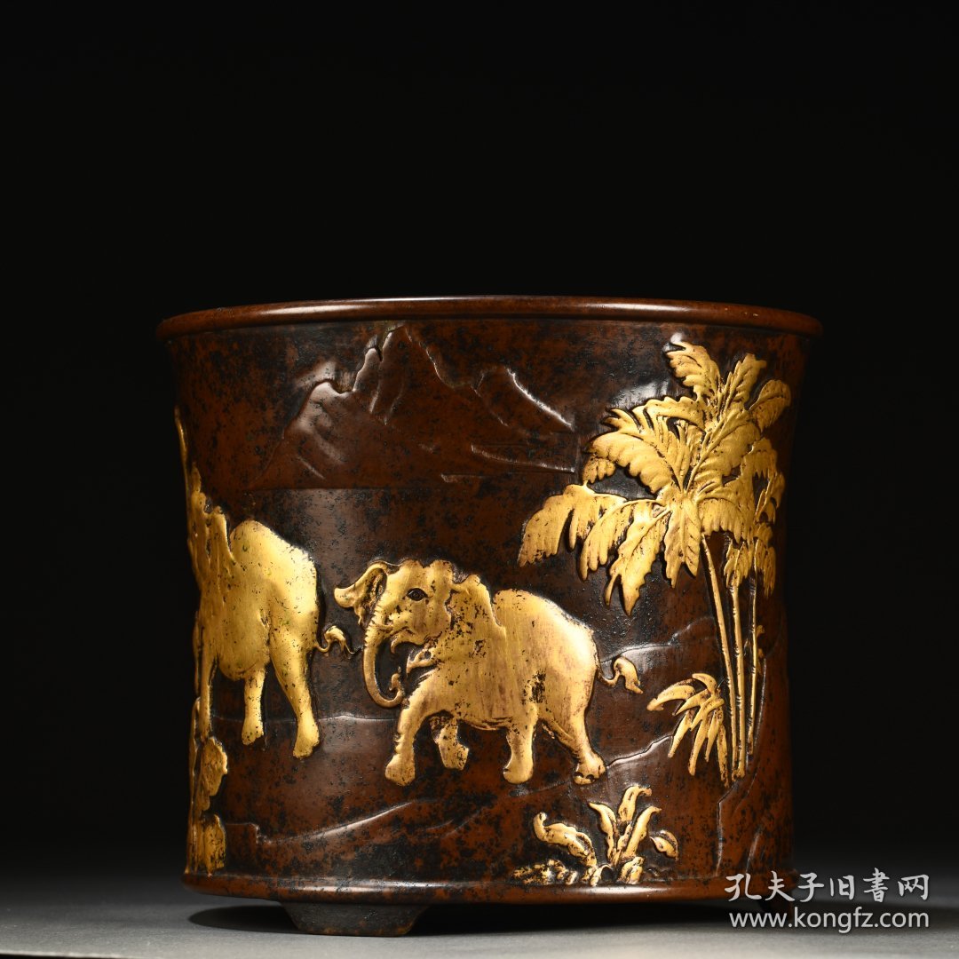 紫铜高浮雕鎏金心想事成笔筒